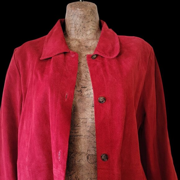 Vintage Red Suede/Leather Button-Front Women's Coat With Folded Collar & Cuffs - Picture 3 of 16